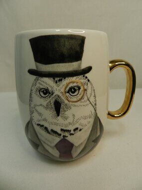 Pier 1 One Vintage Owl bird Mug Cup suit top hat 22 oz ceramic gold handle